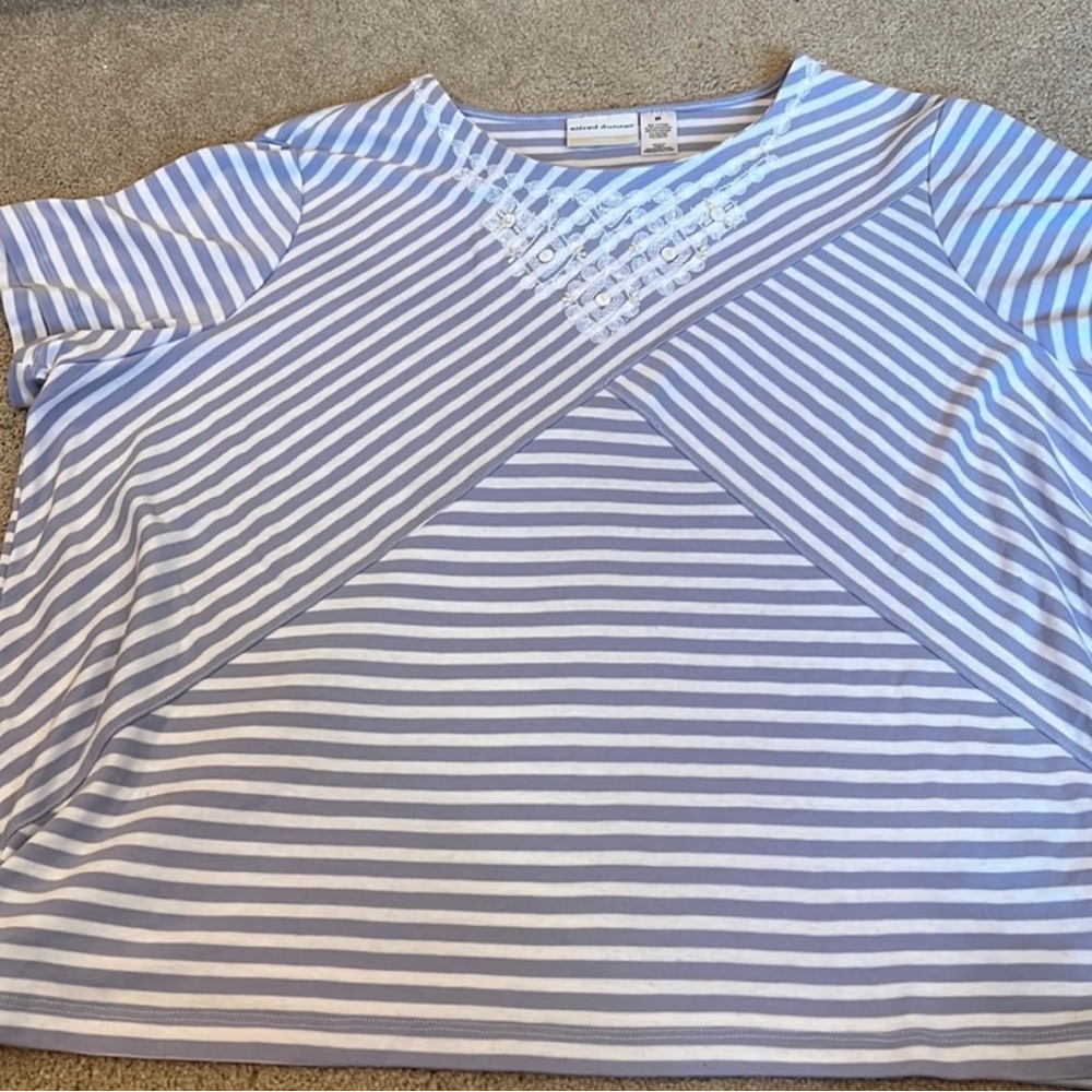 Alfred Dunner Blue and White Striped Short Sleeve Top